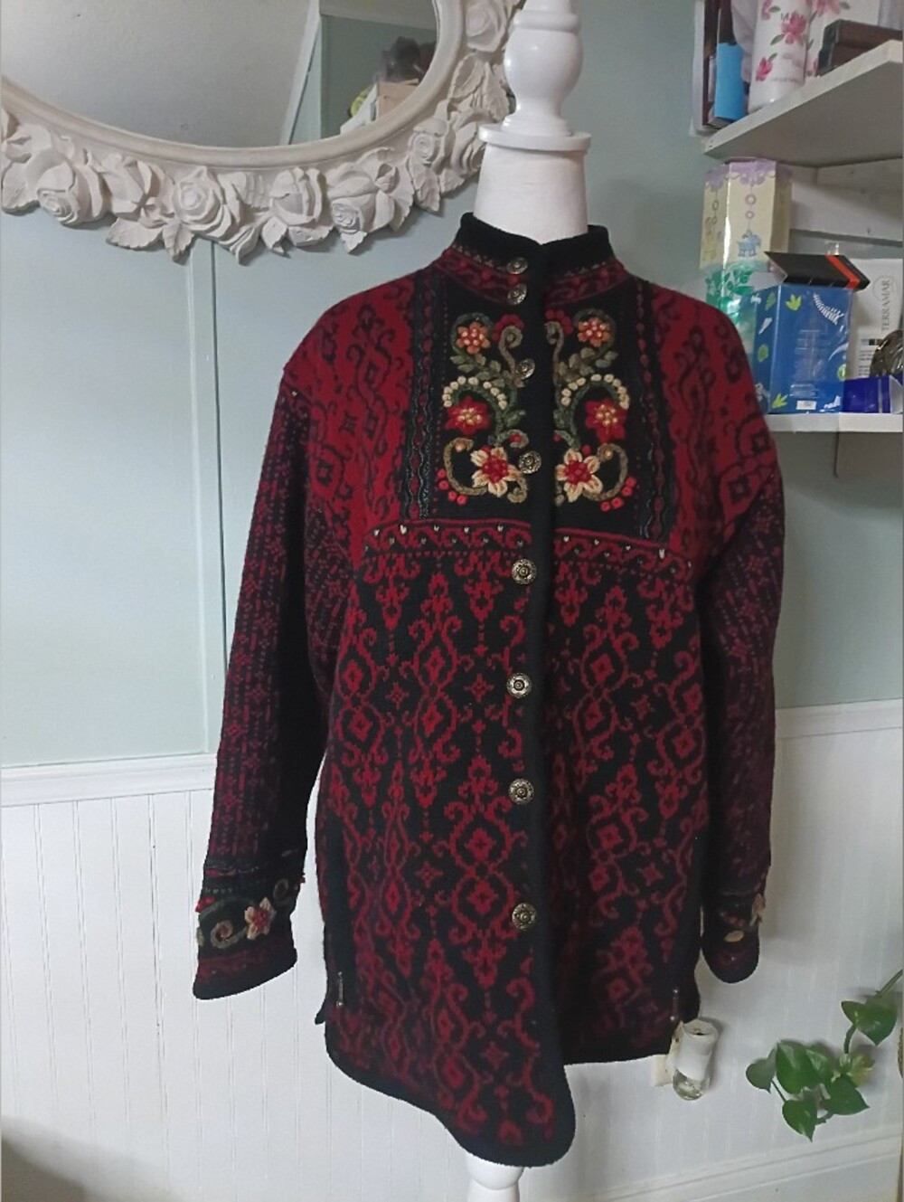 Embroidered Red and Black Women's Teddy Coat